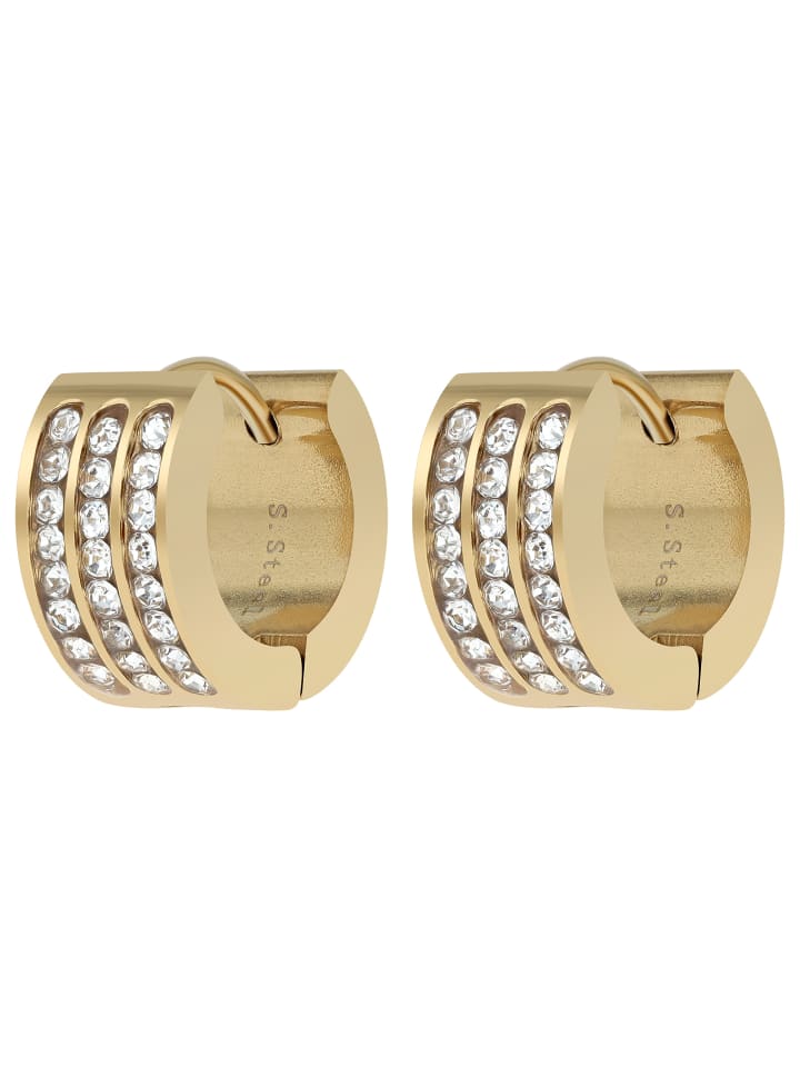 Damen Ohrringe – Klappcreole aus Edelstahl mit Strass Steinchen in gold