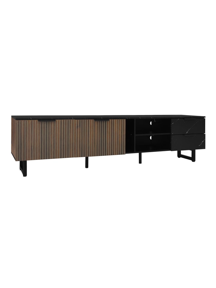TV Schrank in Schwarz mit Marmoroptik und LED Beleuchtung 200 cm