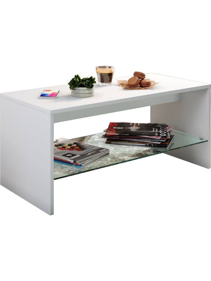 Holz Sofatisch Couchtisch Schublade Glas Wisal in Weiß