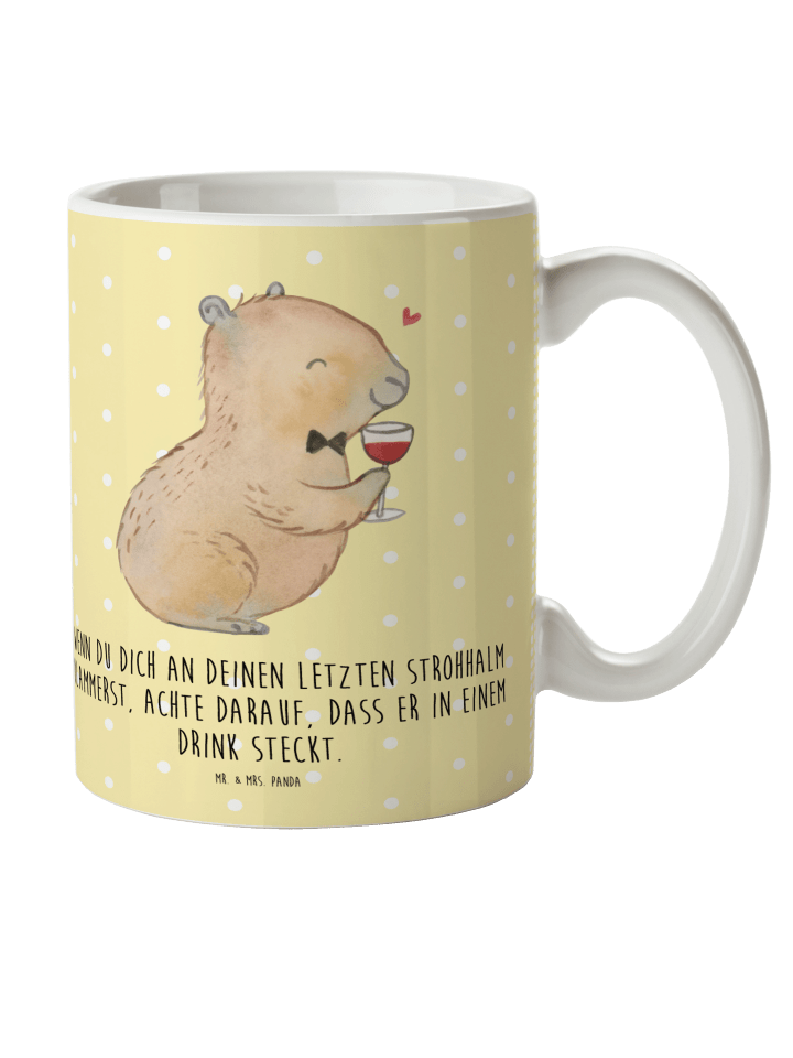 Kaffeebecher Capybara Wein mit Spruch in Gelb Pastell