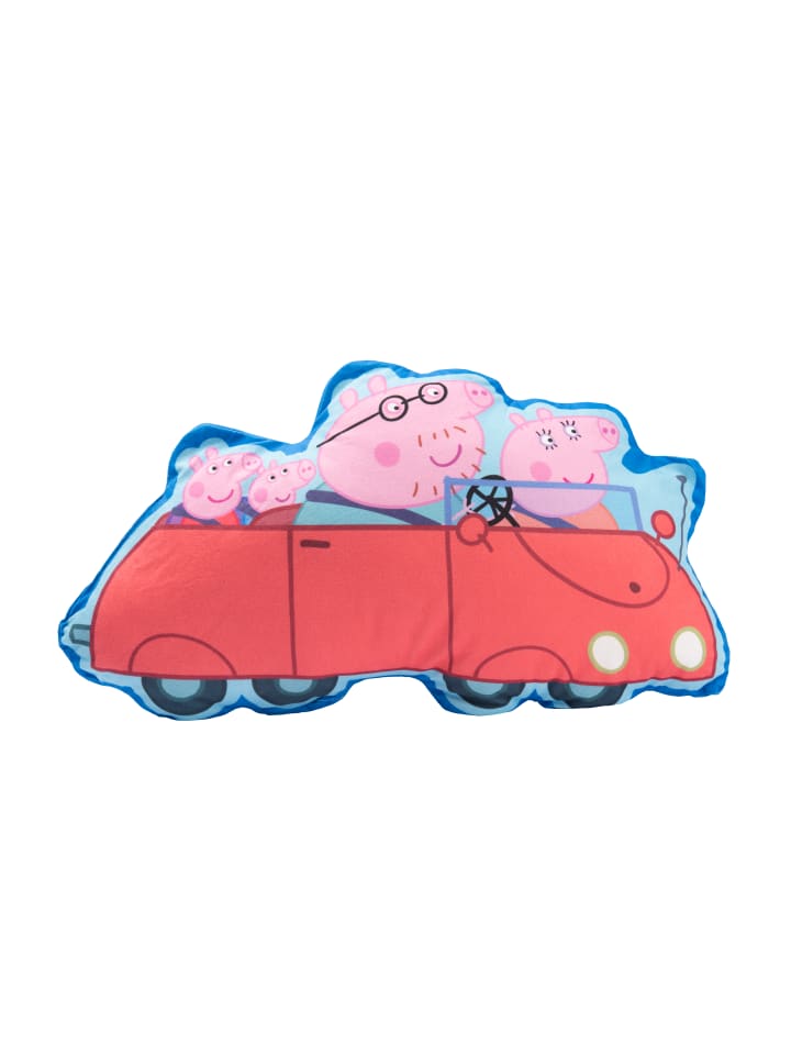Peppa Wutz Dekokissen - Familie im Auto 48 x 28 cm in blau/rot