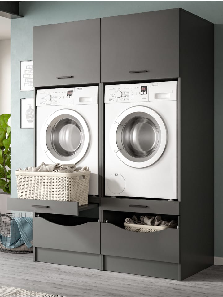 Waschmaschinenschrank grau Set 2-teilig 132 cm für Waschmaschine und Trockner