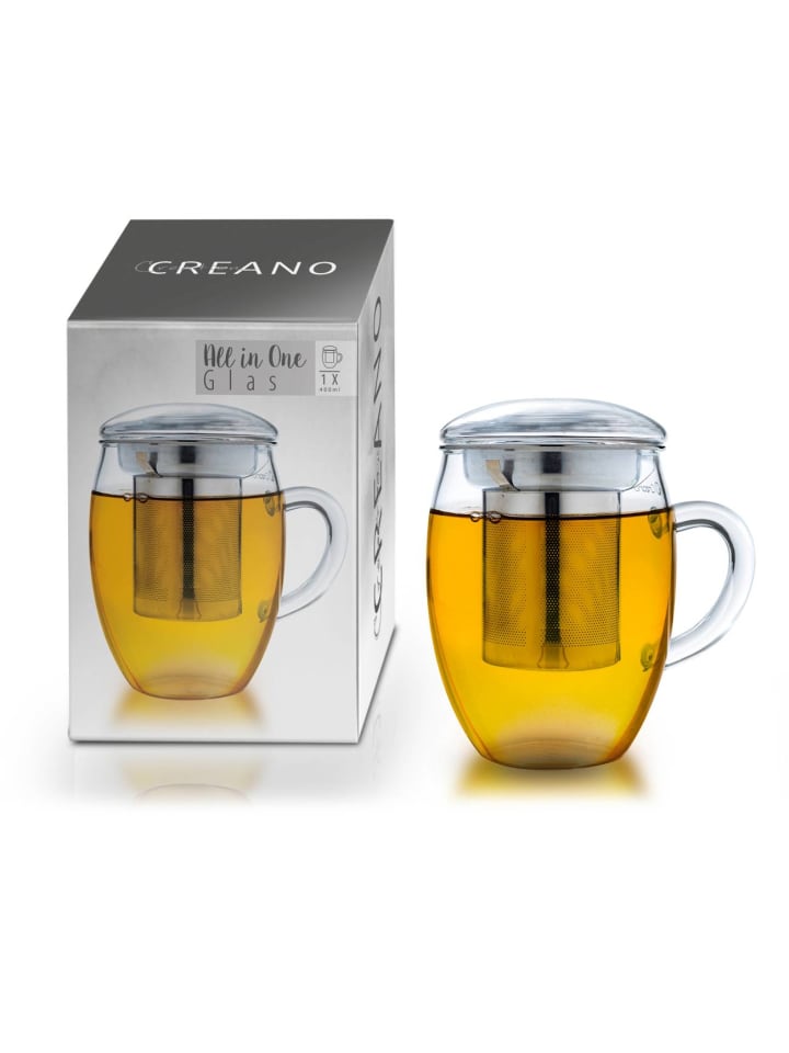 3-tlg. Set: Teeglas "All in One"400ml mit Edelstahlsieb und Glasdeckel