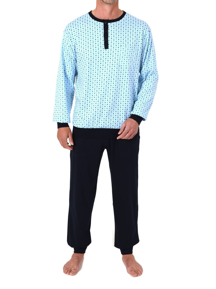 Langarm Schlafanzug Pyjama Bündchen Alloverprint 126 101 90 514 in hellblau