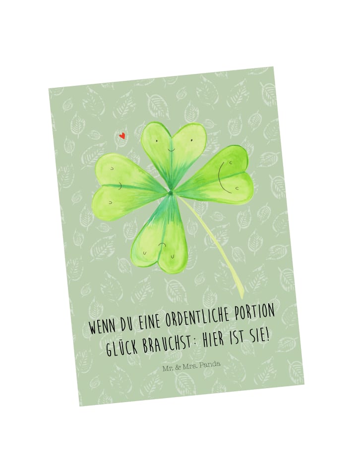 Mr. & Mrs. Panda Postkarte Kleeblatt mit Spruch in Blattgrün günstig