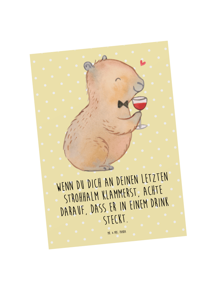 Ansichtskarte Capybara Wein mit Spruch in Gelb Pastell