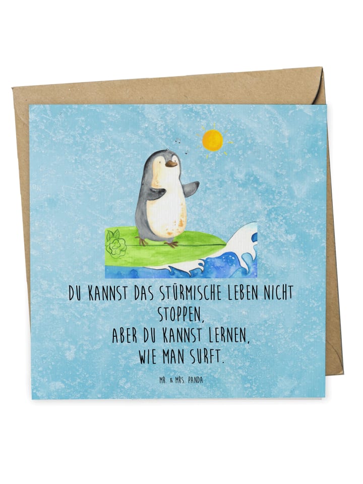 Grußkarte Pinguin Surfer mit Spruch in Eisblau