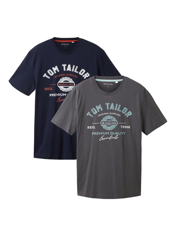 Logo T-Shirt 2-er Pack Kurzarm Set mit Logo Print in Blau-Grau