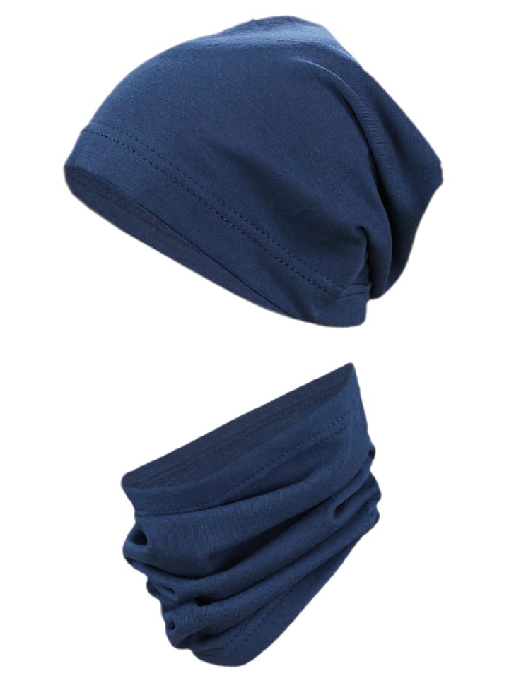 Kinder Beanie Mütze Schlauchschal Set in dunkelblau