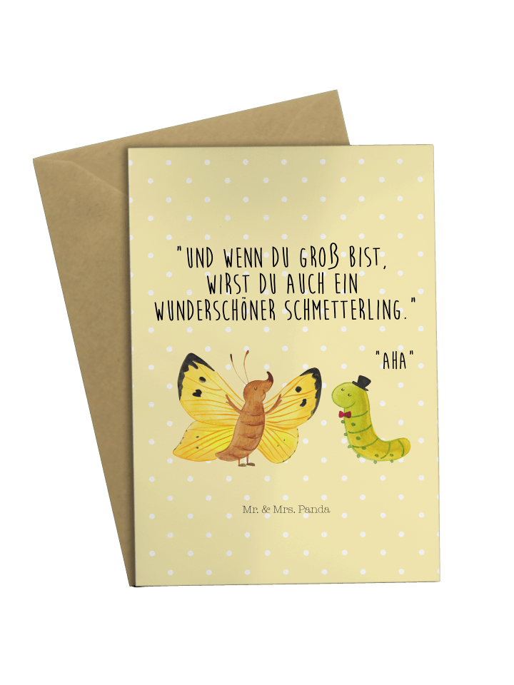 Grußkarte Raupe Schmetterling mit Spruch in Gelb Pastell