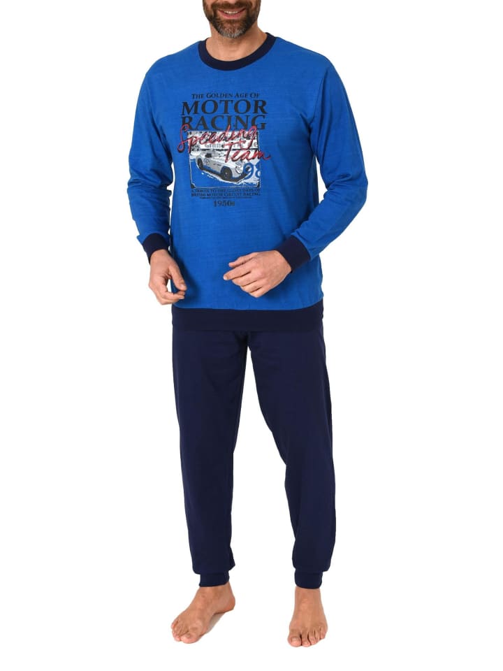 langarm Schlafanzug Bündchen Pyjama - 83222 in blau