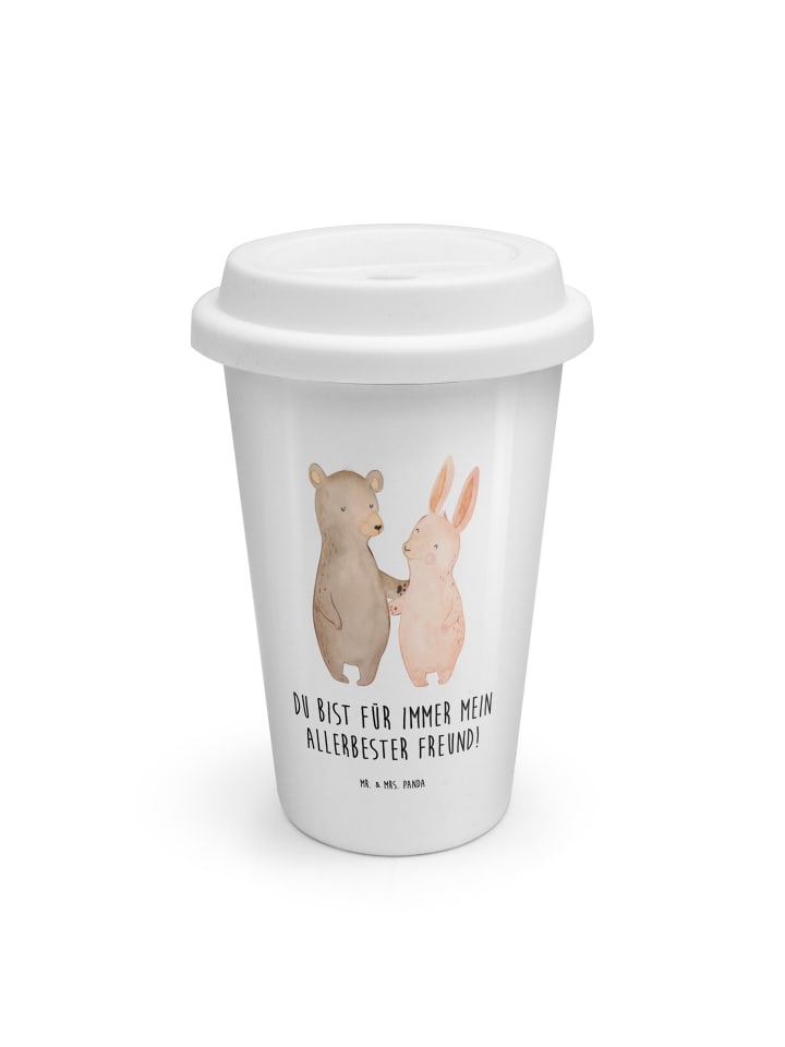 Thermobecher Bär und Hase Umarmen mit Spruch in Weiß