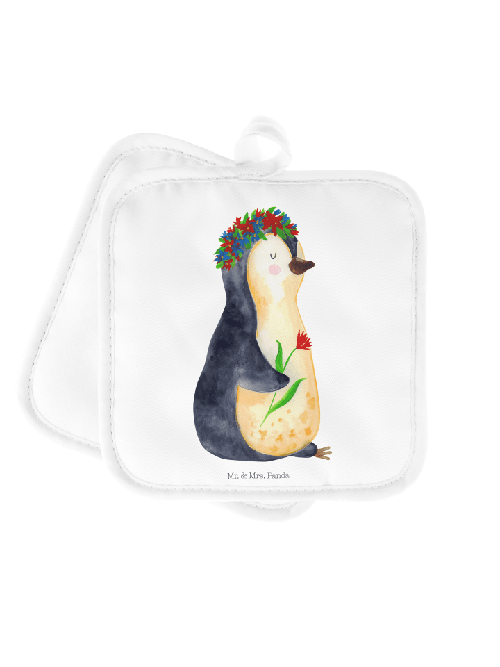 Topflappen Pinguin Blumen ohne Spruch in Weiß