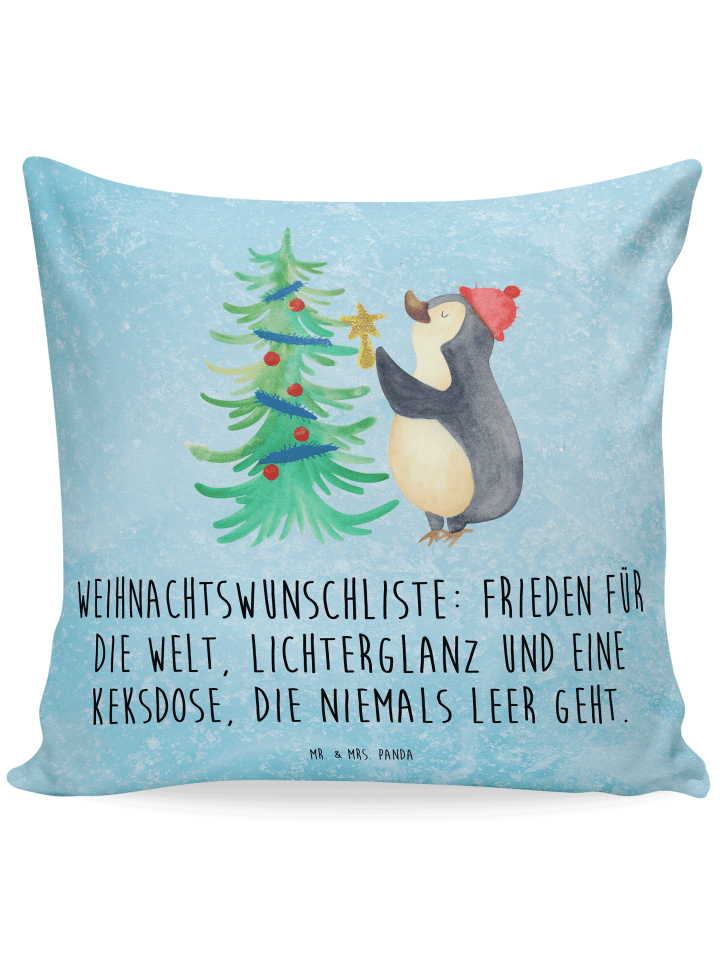 Couchkissen Pinguin Weihnachtsbaum mit Spruch in Eisblau