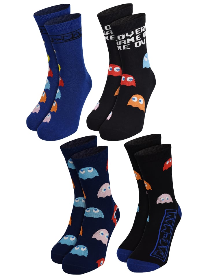 4er Pack Pac-Man Socken Crew Sneaker Strümpfe 40-45 in blau/schwarz
