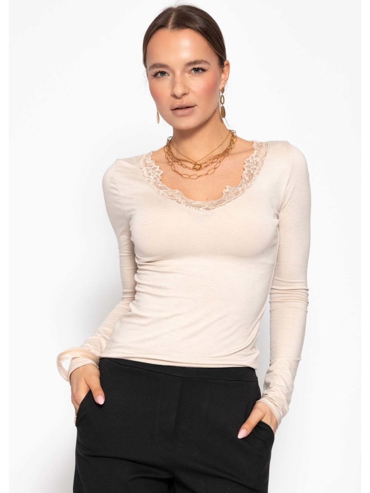 Langarmshirt mit Spitzenausschnitt in Beige
