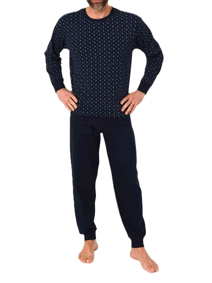 Langarm Schlafanzug Pyjama Bündchen Minimalprint in navy