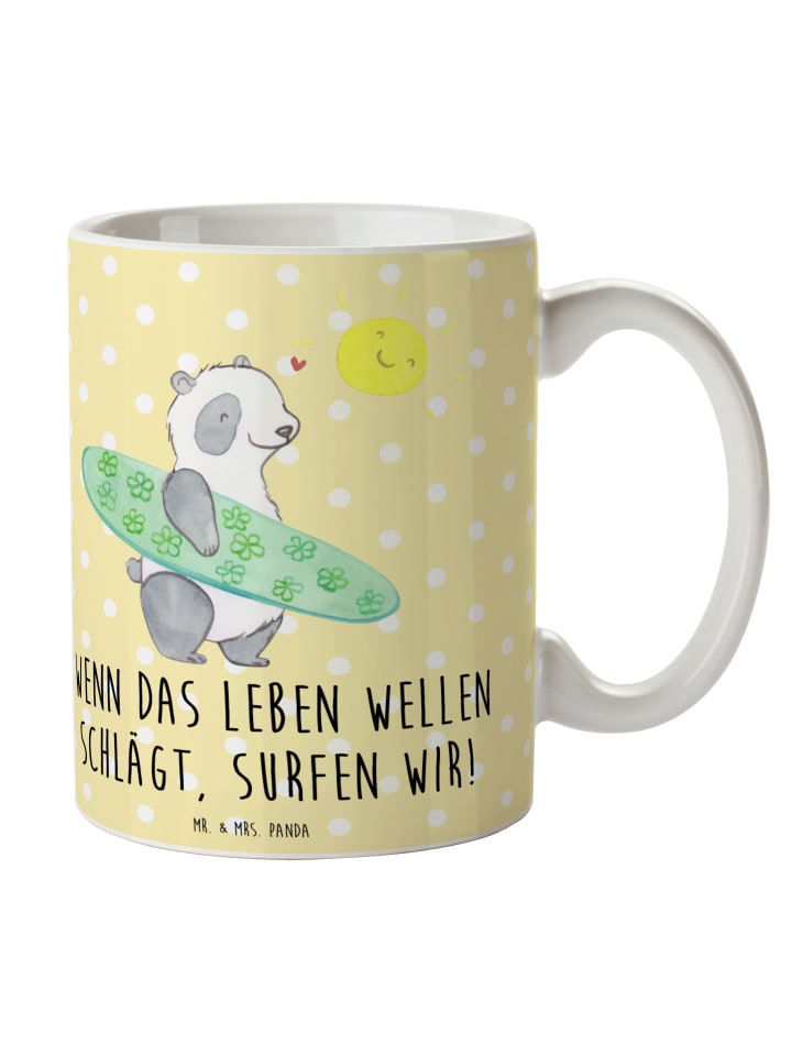 Kaffeebecher Sommer Wellen Surf mit Spruch in Gelb Pastell