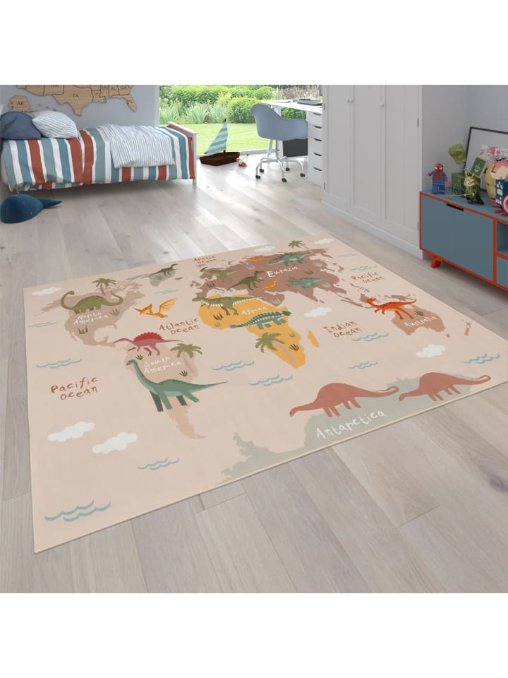 Kinderteppich waschmaschinenwaschbar Dinosaurier‑Weltkarten Kinder in Beige