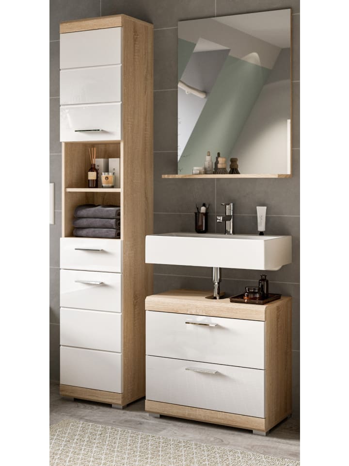 Badmöbel-Set weiß Hochglanz, Eiche 3-teilig 112 cm, viel Stauraum
