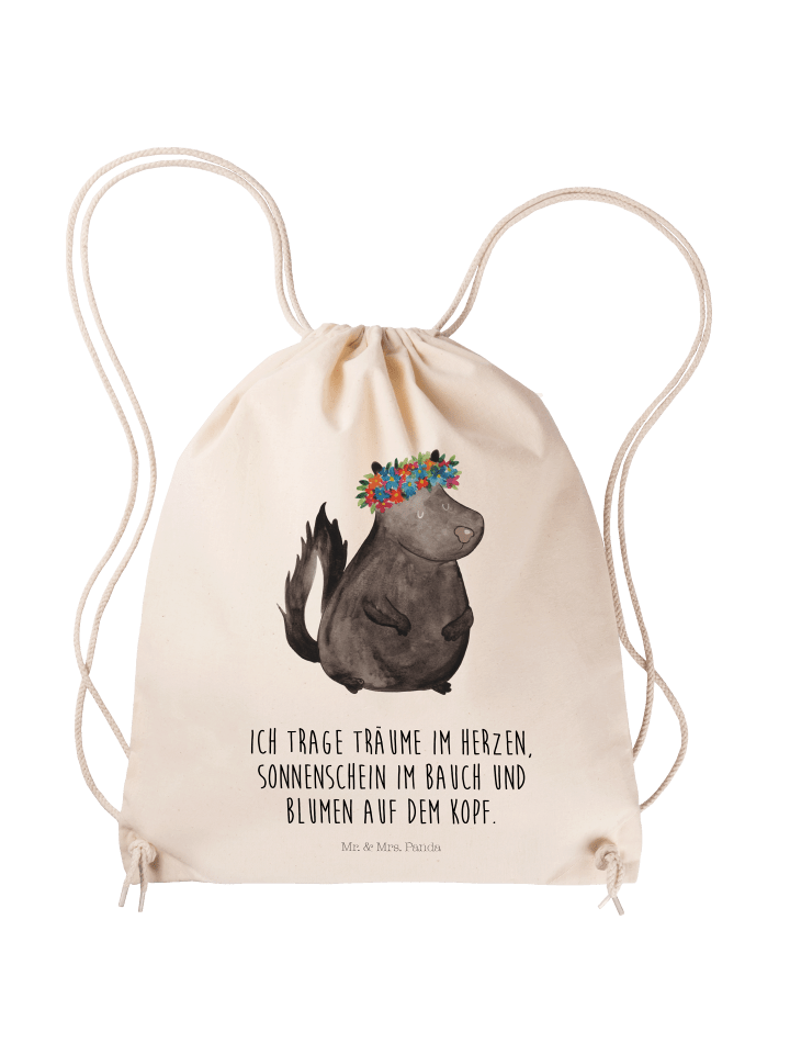 Sportbeutel Stinktier Blumenmaedchen mit Spruch in Creme