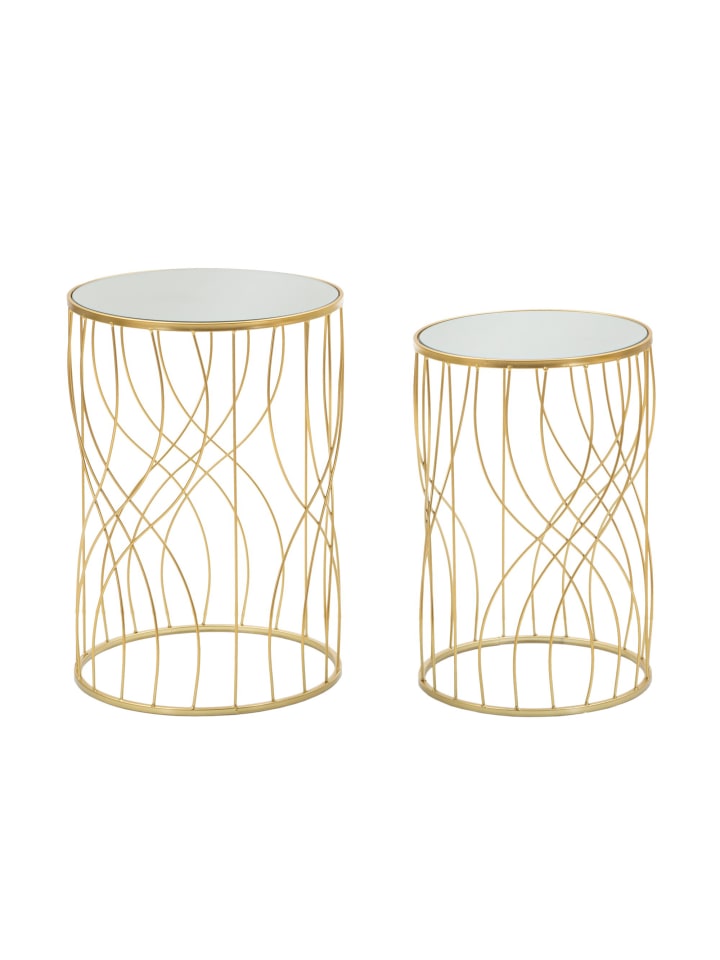 Set aus 2 Tischen aus goldfarbenem Metall und Spiegelglas, Ø cm 38x55-33x50