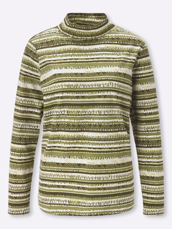 Stehkragen-Shirt in oliv-ecru-bedruckt