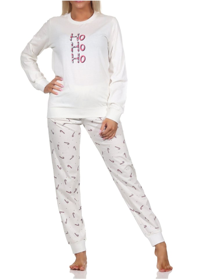 Schlafanzug Weihnachten langarm Bündchen - 88728 in creme