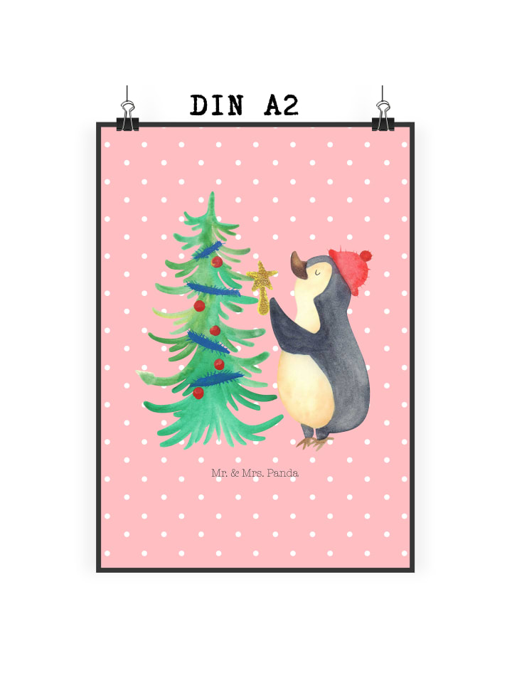 Kunstdruck Pinguin Weihnachtsbaum ohne Spruch in Rot Pastell
