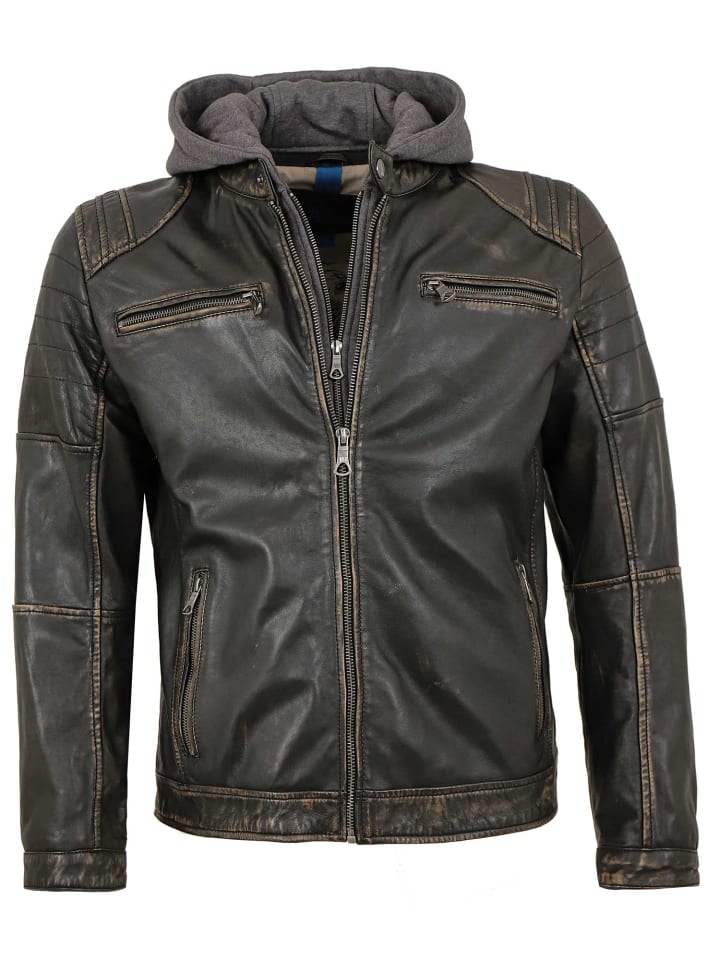 Bikerlederjacke Lammnappa Kapuze in Schwarz