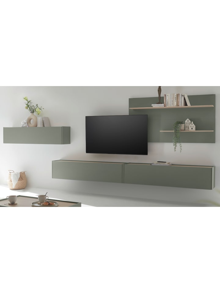 Wohnwand 4-teilig in Salbei Grün, Eiche, mit XXL TV Lowboard 300 cm hängend