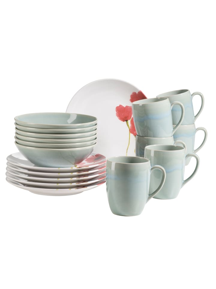 Frühstücksset, Keramik Ossia in Mint / Weiß / Rot