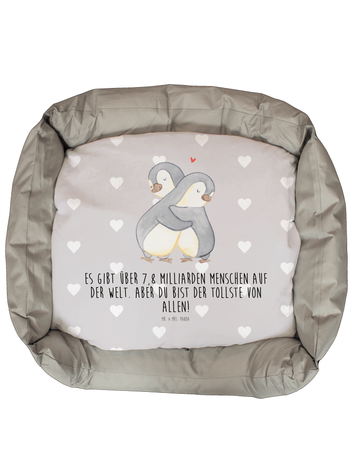 Katzenkorb Pinguine Kuscheln mit Spruch in Grau Pastell