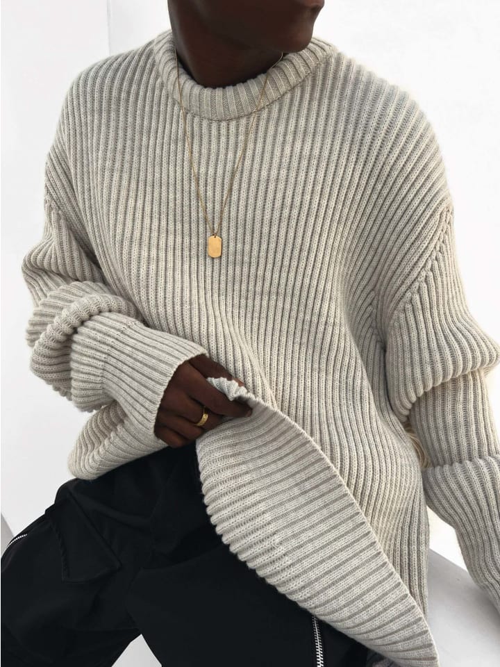 Unisex Oversize Rippstrickpullover | Schwarz | S in Beige