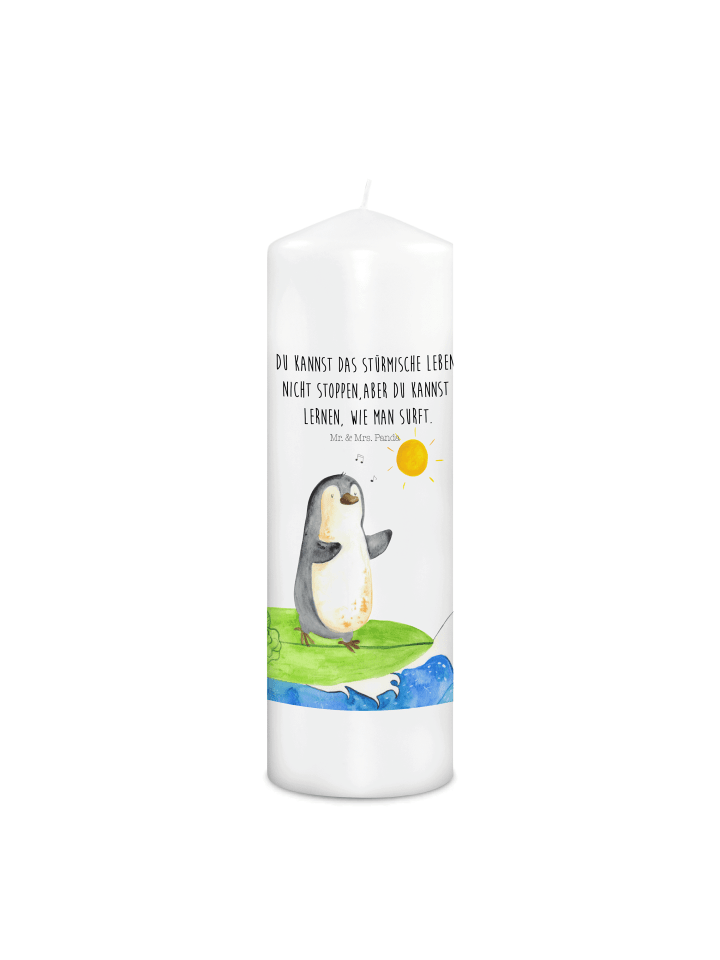 Kerze Pinguin Surfer mit Spruch in Weiß