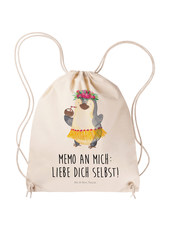 Turnbeutel Pinguin Kokosnuss mit Spruch in Creme