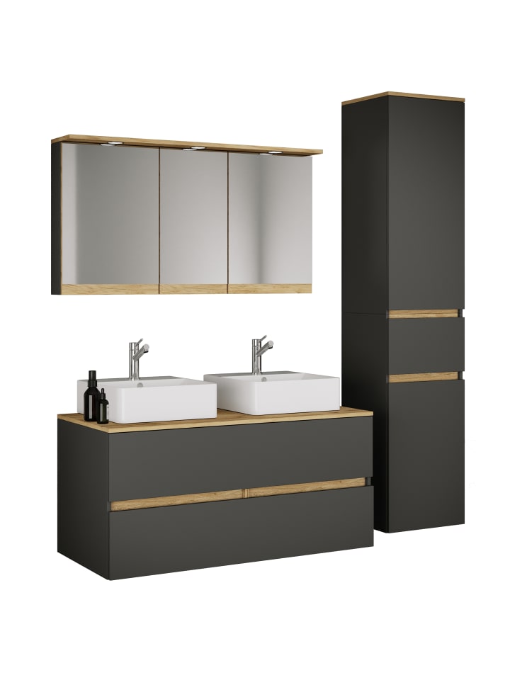 5-tlg. Badmöbel-Set mit Waschbecken Cosila-A 111cm in Anthrazit / Honig-Eiche