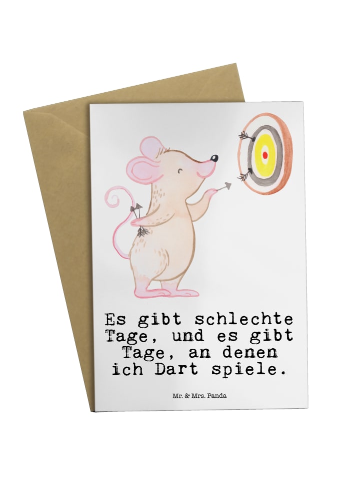 Grußkarte Maus Dart spielen mit Spruch in Weiß