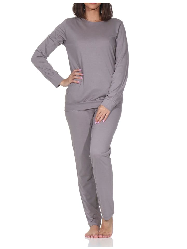 Langarm Schlafanzug Pyjama Bündchen Tupfen Optik in sand