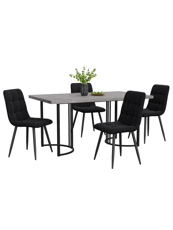 Esstisch Set in Weiß Grau 5-tlg 140x80 cm mit goldenen Beinen Samt Stühlen