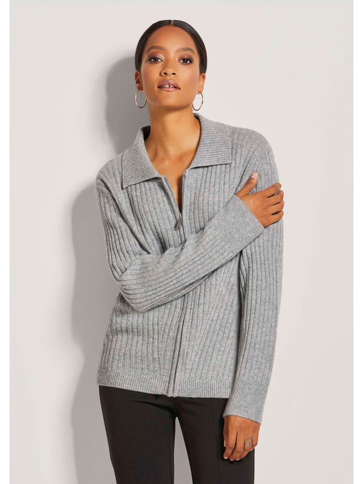 Strickjacke mit Reißverschluss in steingrau / melange / wollweiß