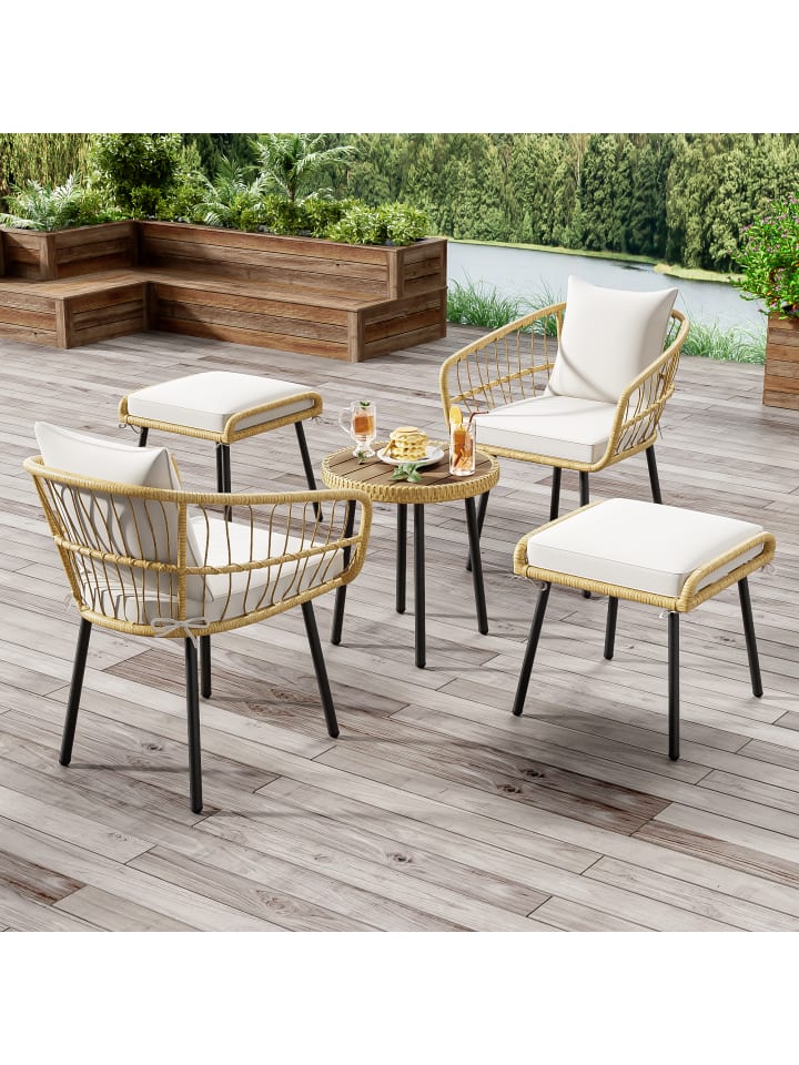 Garten Lounge Set in Natur Rattan 5-tlg mit Tisch 2 Stühlen 2 Hockern