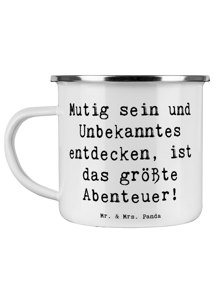 Becher Emaille Spruch Unbekannte Orte erkunden ... in Weiß