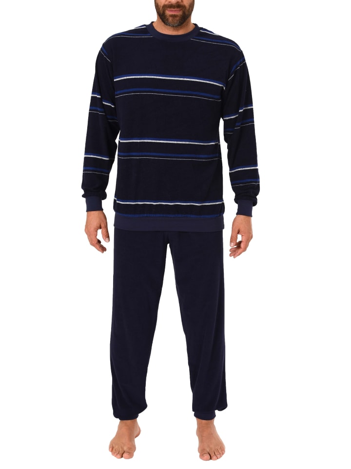 Frottee Pyjama Schlafanzug Bündchen - 40352 in blau