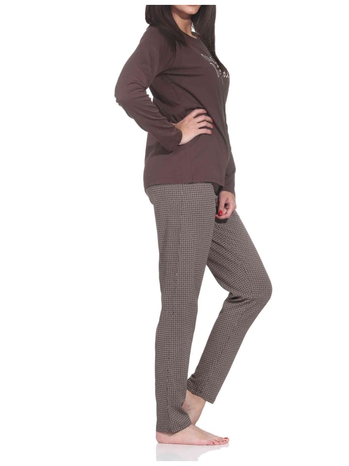 Schlafanzug Pyjama langarm in braun