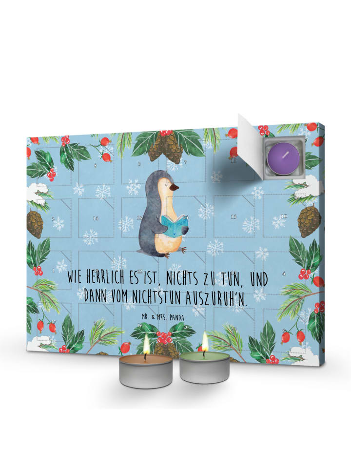 Adventskalender Pinguin Buch mit Spruch in Eisblau