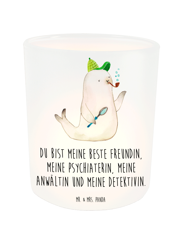 Windlicht Robbe Sherlock mit Spruch in Transparent