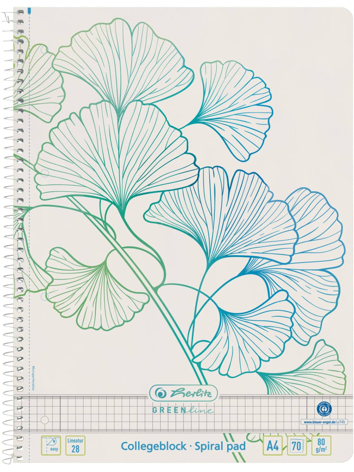 Spiralblock A4 Greenline 70 Blatt Lineatur 28 gelocht Ginkgo