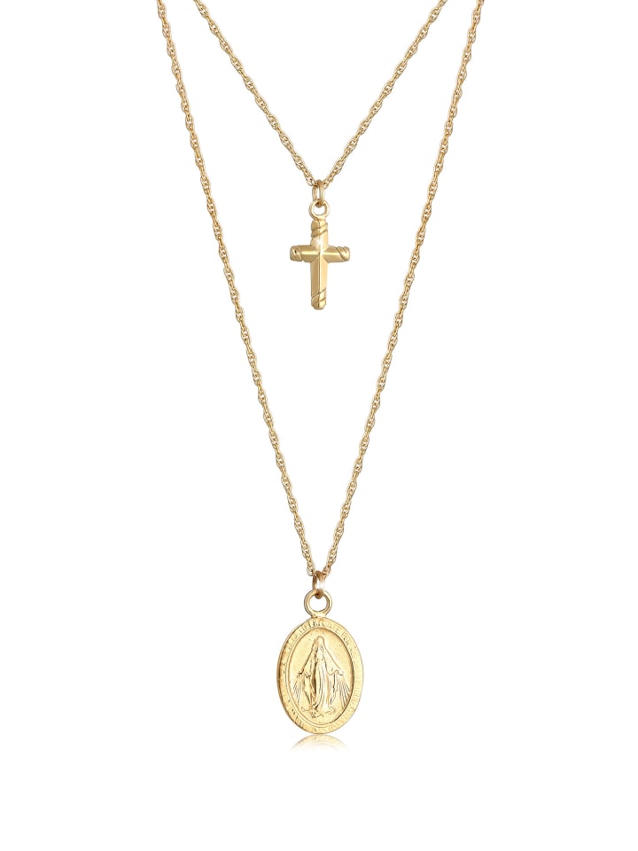 Halskette 925 Sterling Silber Kreuz, Marienbild in Gold