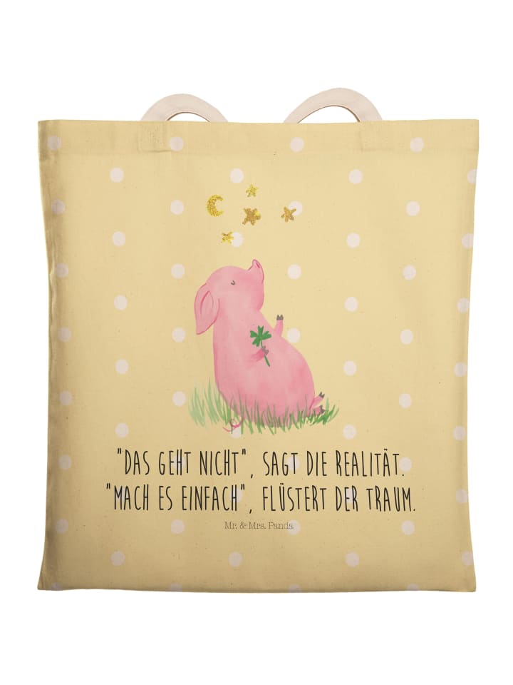 Tasche Schwein Glück mit Spruch in Gelb Pastell